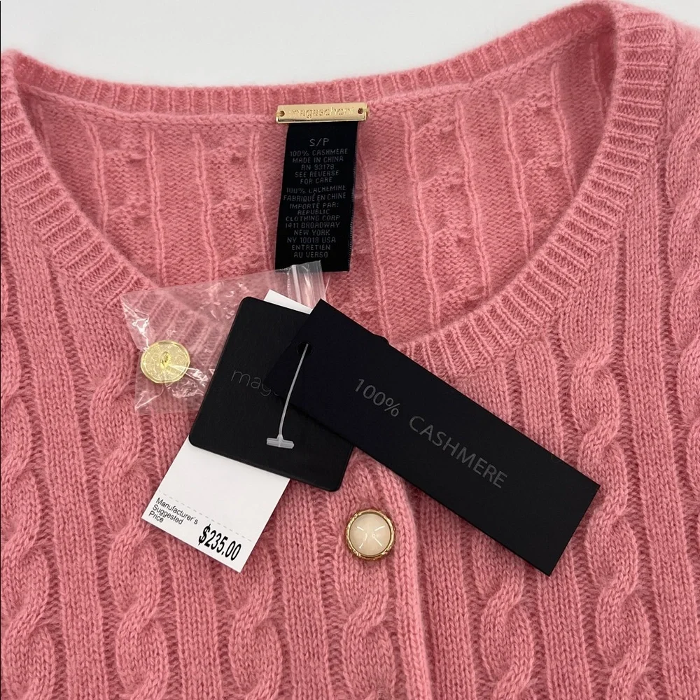 Magaschoni Rose Pink Cable-Knit Short Sleeve Cashmere‎ Cardigan Sm NWT